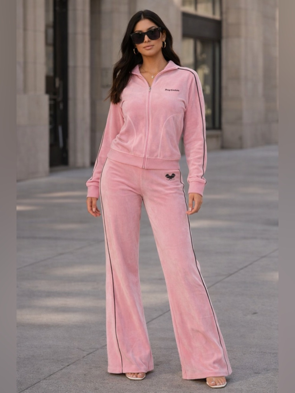 Juicy Couture Pink Velour Wide-Leg Track Pants with Blue Side Stripes - Picture 13 of 13